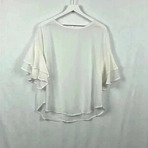Red Lolly Women’s Scoop Neck Pullover Hi-Lo Short Sleeves w/Ruffles White L